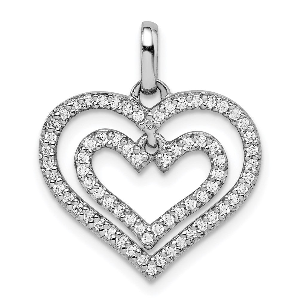 Sterling Silver Rhodium-Plated Cz Double Heart Pendant
