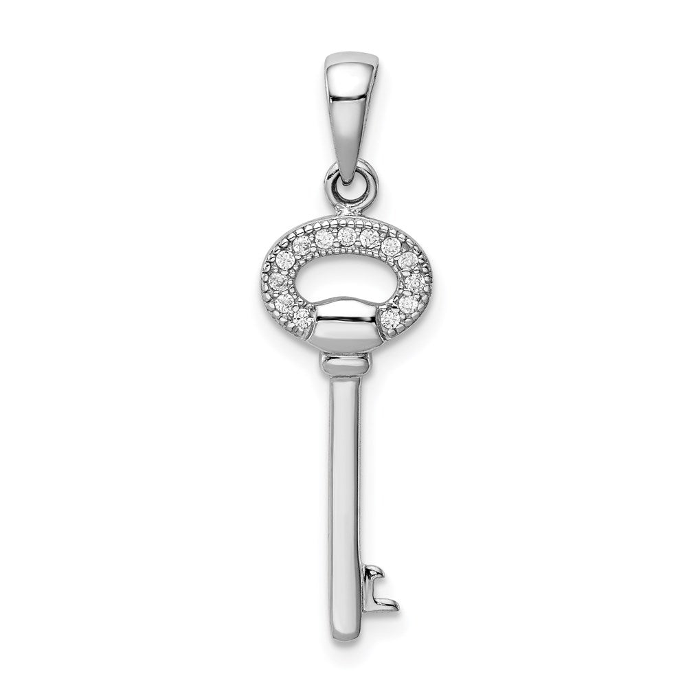 Sterling Silver Rhodium Plated Cz Key Pendant