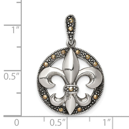 Sterling Silver Antiqued Marcasite Fleur De Lis Pendant