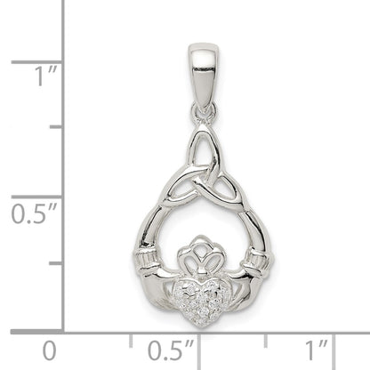 Sterling Silver Polished Cz Claddagh W/Trinity Knot Pendant