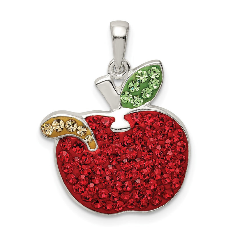 Sterling Silver Rhod-Pltd Red Preciosa Crystal Apple W/Worm Pendant