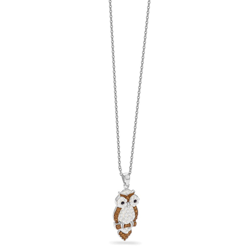 Sterling Silver Rhod-Pltd Imitation Pearl/Preciosa Crystal Owl Pendant