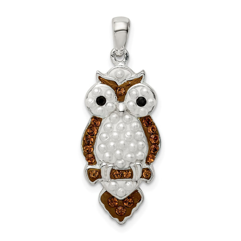 Sterling Silver Rhod-Pltd Imitation Pearl/Preciosa Crystal Owl Pendant