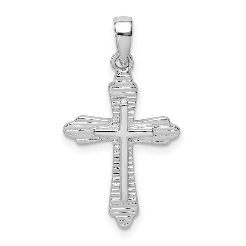 Sterling Silver Rhodium-Plated Striped Texture Cross Pendant