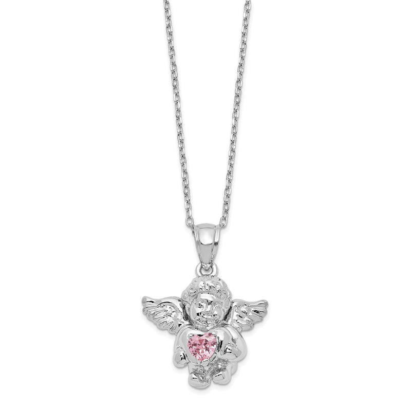 Sterling Silver Rh-Pltd Cz Oct Birthstone Angel Ash Holder 18In Necklace