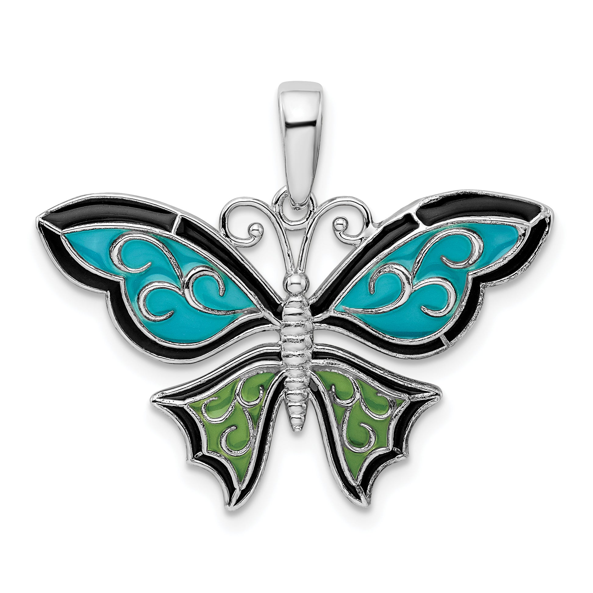 Sterling Silver De-Ani Rhodium-Plated Polished Enameled Aqua Butterfly Pendant