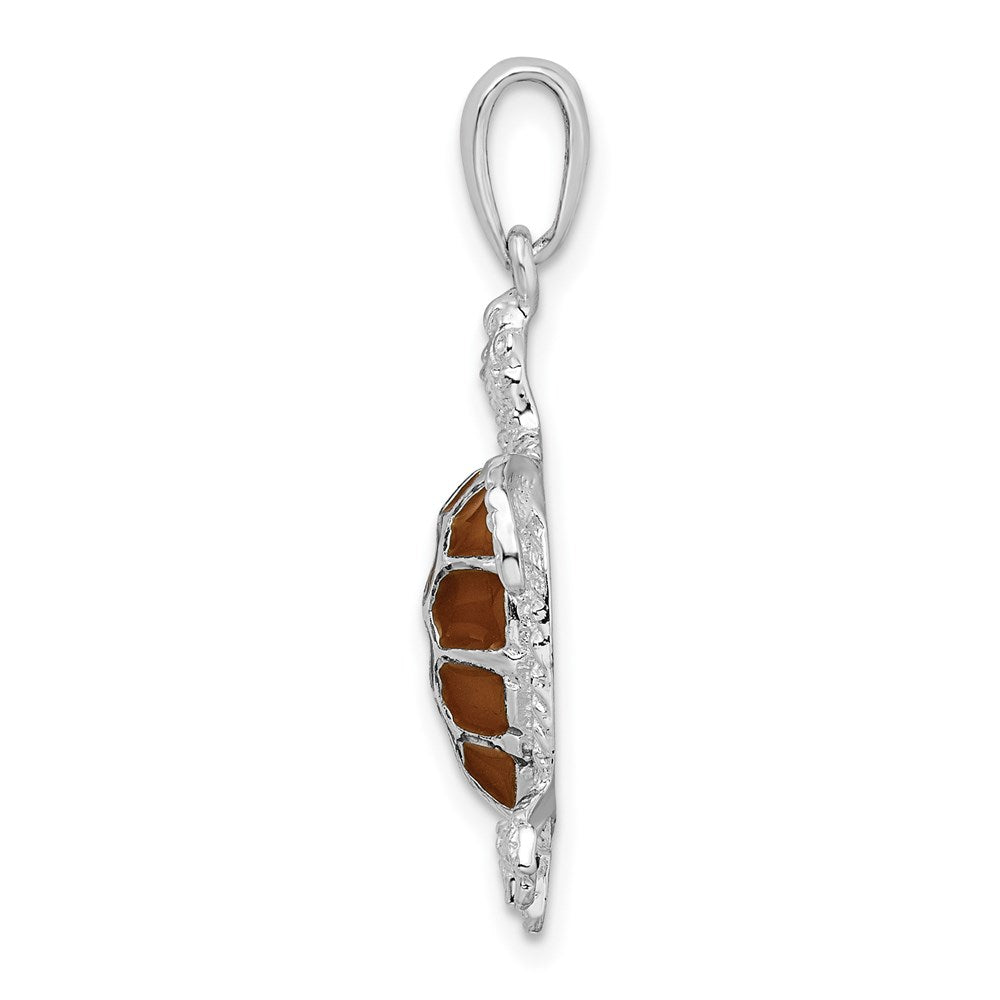 Sterling Silver De-Ani Rhodium-Plated Polished Enameled Brown Sea Turtle Pendant