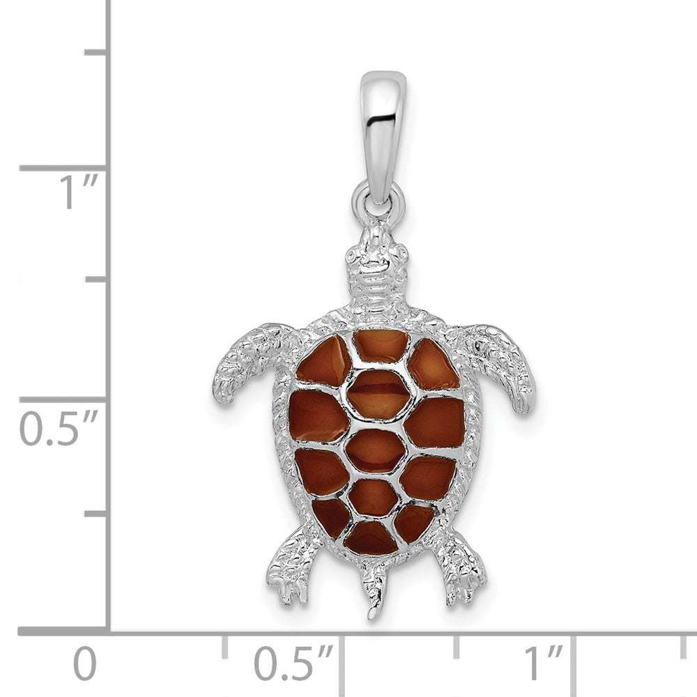 Sterling Silver De-Ani Rhodium-Plated Polished Enameled Brown Sea Turtle Pendant