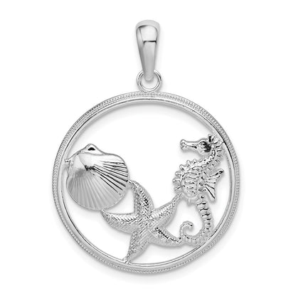 Sterling Silver De-Ani Rhodium-Plated Polished Sea Life Round Pendant