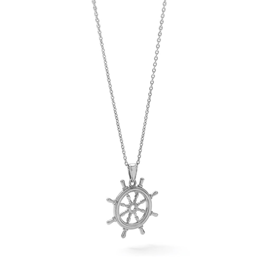 Sterling Silver De-Ani Rhodium-Plated Polished Cut-Out 3D Ships Wheel Pendant