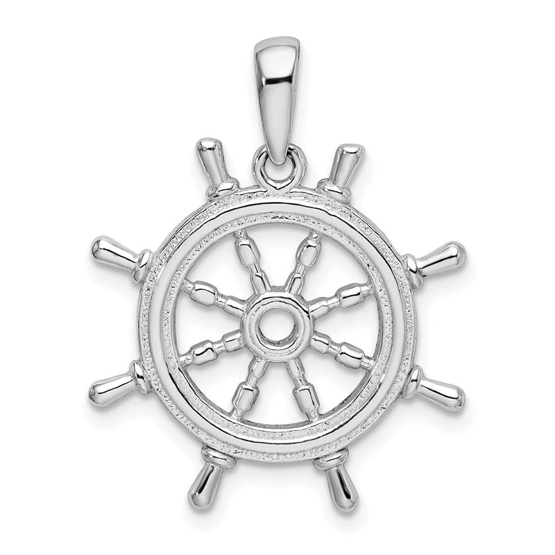 Sterling Silver De-Ani Rhodium-Plated Polished Cut-Out 3D Ships Wheel Pendant