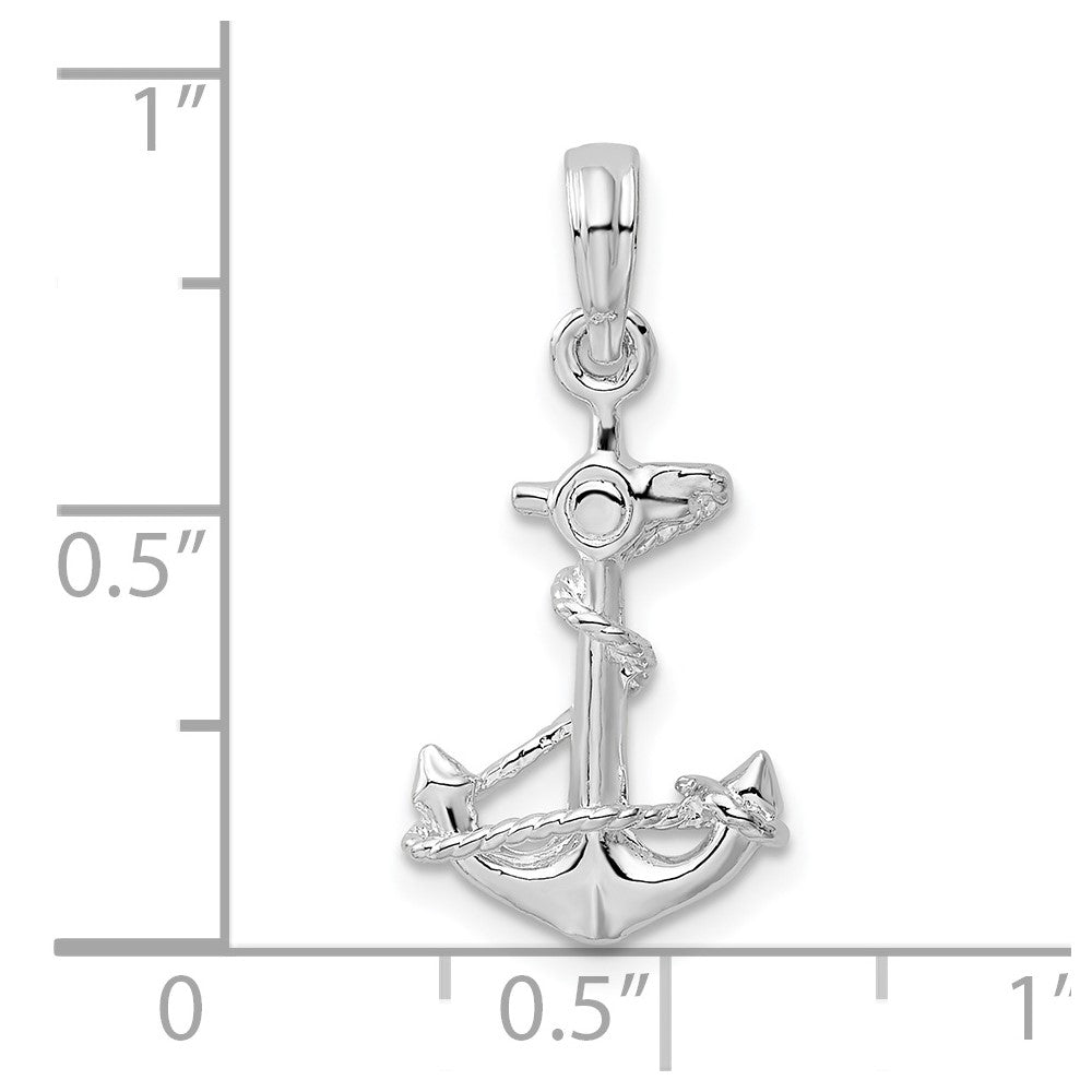 Sterling Silver De-Ani Rhodium-Plated Polished 3D Anchor With Rope Pendant
