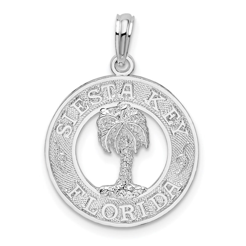 Sterling Silver De-Ani Rhodium-Plated Textured Siesta Key Florida With Palm Tree Pendant