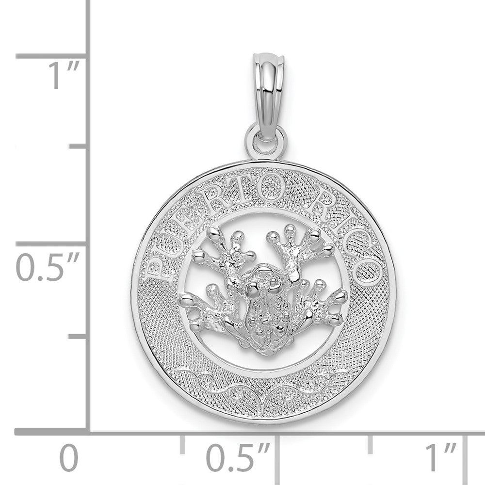 Sterling Silver De-Ani Rhodium-Plated Polished Puerto Rico Circle Frog Pendant