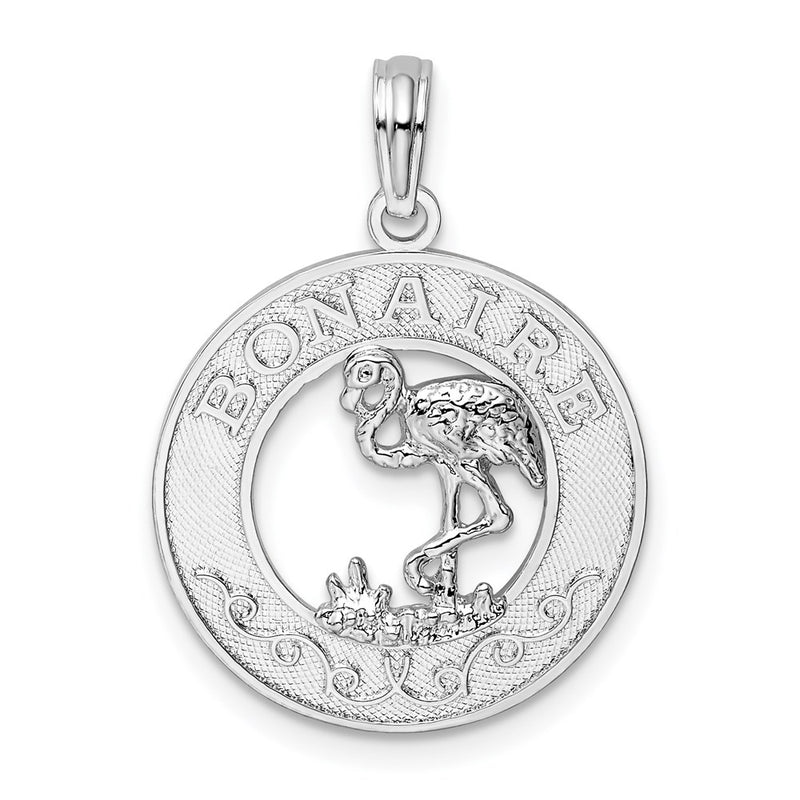 Sterling Silver De-Ani Rhodium-Plated Polished Bonaire Circle Flamingo Pendant