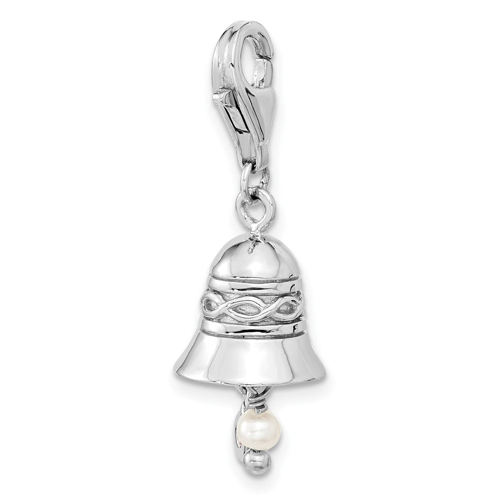Sterling Silver Amore La Vita Rhodium-Plated Polished 3-D Cz And Freshwater Cultured Pearl Wedding Bell Charm With Fancy Lobster Clasp