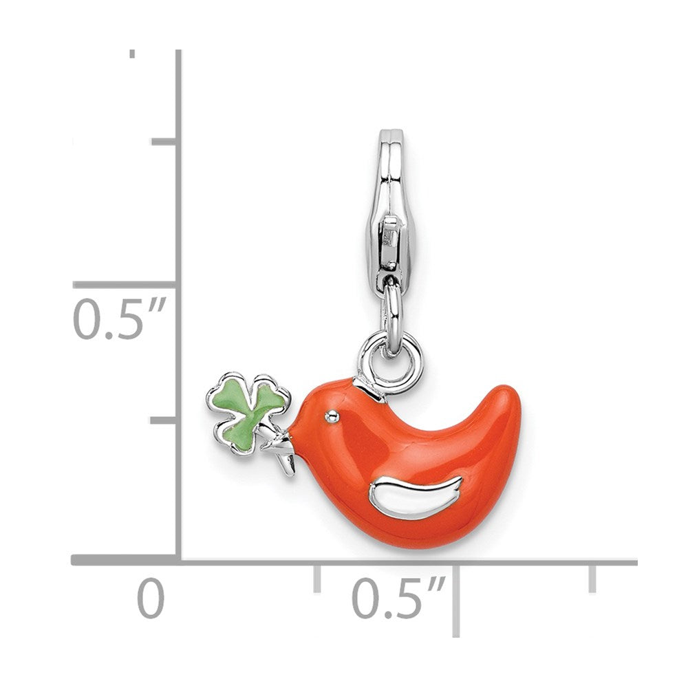 Sterling Silver Amore La Vita Rhodium-Plated Polished Enameled Bird And Clover Charm With Fancy Lobster Clasp
