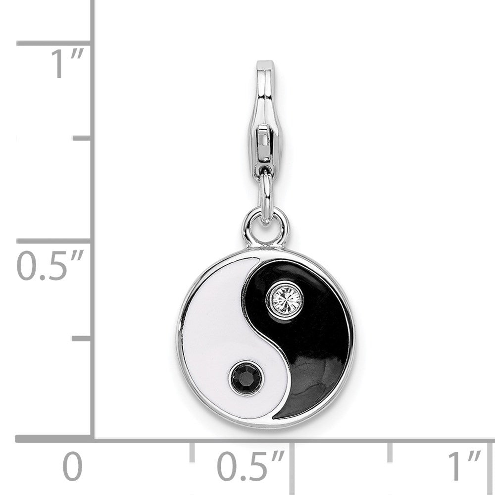 Sterling Silver Amore La Vita Rhodium-Plated Polished Enameled Crystal From Swarovski Yin And Yang Charm With Fancy Lobster Clasp