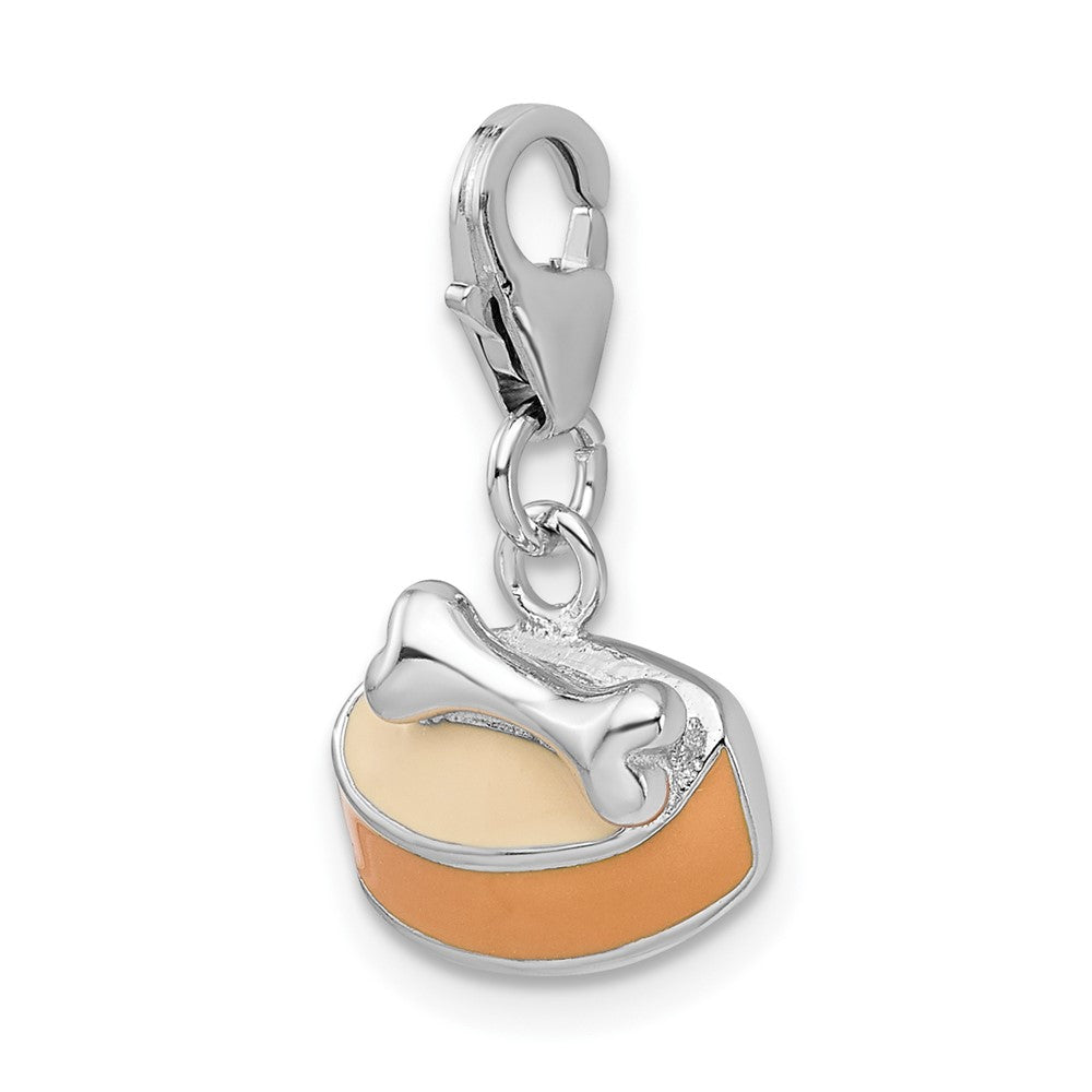 Sterling Silver Amore La Vita Rhodium-Plated Polished 3-D Enameled Dog Bowl With Bone Charm Fancy Lobster Clasp