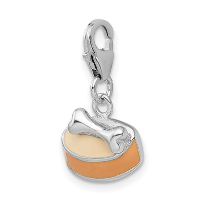 Sterling Silver Amore La Vita Rhodium-Plated Polished 3-D Enameled Dog Bowl With Bone Charm Fancy Lobster Clasp