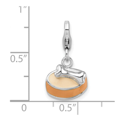 Sterling Silver Amore La Vita Rhodium-Plated Polished 3-D Enameled Dog Bowl With Bone Charm Fancy Lobster Clasp