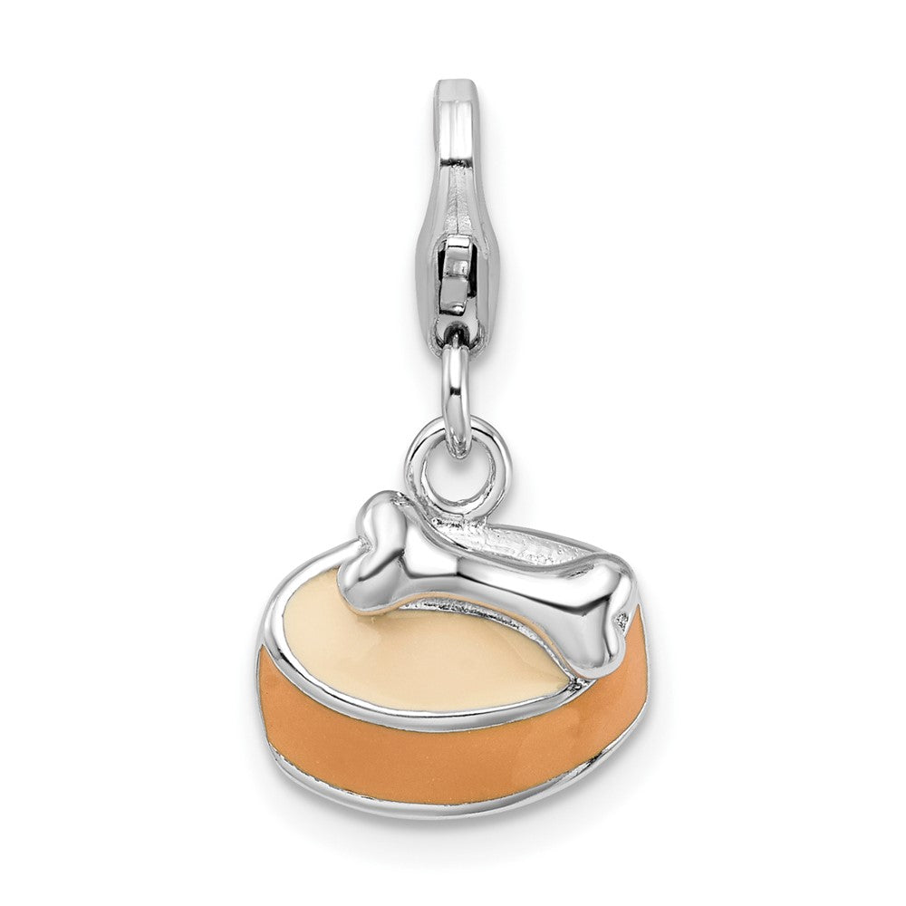 Sterling Silver Amore La Vita Rhodium-Plated Polished 3-D Enameled Dog Bowl With Bone Charm Fancy Lobster Clasp