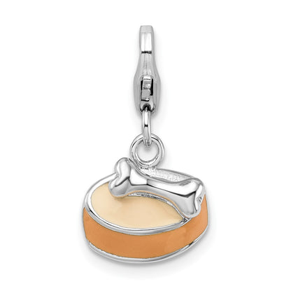 Sterling Silver Amore La Vita Rhodium-Plated Polished 3-D Enameled Dog Bowl With Bone Charm Fancy Lobster Clasp