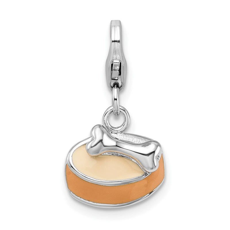 Sterling Silver Amore La Vita Rhodium-Plated Polished 3-D Enameled Dog Bowl With Bone Charm Fancy Lobster Clasp