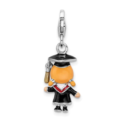 Sterling Silver Amore La Vita Rhodium-Plated Polished 3-D Enameled Girl Graduate Charm With Fancy Lobster Clasp