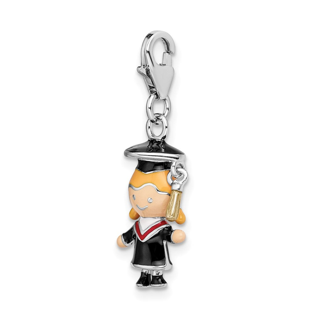 Sterling Silver Amore La Vita Rhodium-Plated Polished 3-D Enameled Girl Graduate Charm With Fancy Lobster Clasp