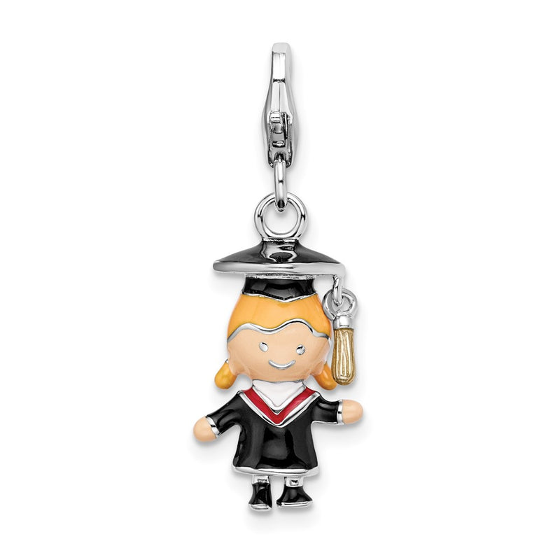 Sterling Silver Amore La Vita Rhodium-Plated Polished 3-D Enameled Girl Graduate Charm With Fancy Lobster Clasp