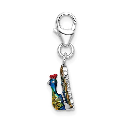 Sterling Silver Amore La Vita Rhodium-Plated Polished 3-D Enameled Peacock Charm With Fancy Lobster Clasp