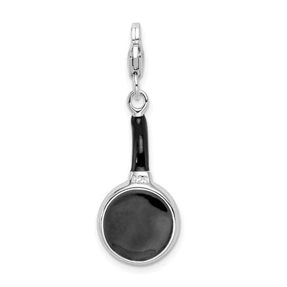 Sterling Silver Amore La Vita Rhodium-Plated Polished 3-D Enameled Frying Pan With Food Charm Fancy Lobster Clasp