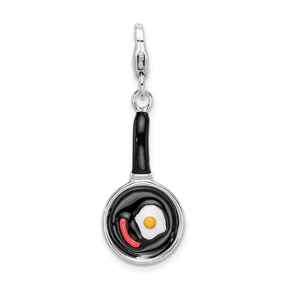 Sterling Silver Amore La Vita Rhodium-Plated Polished 3-D Enameled Frying Pan With Food Charm Fancy Lobster Clasp