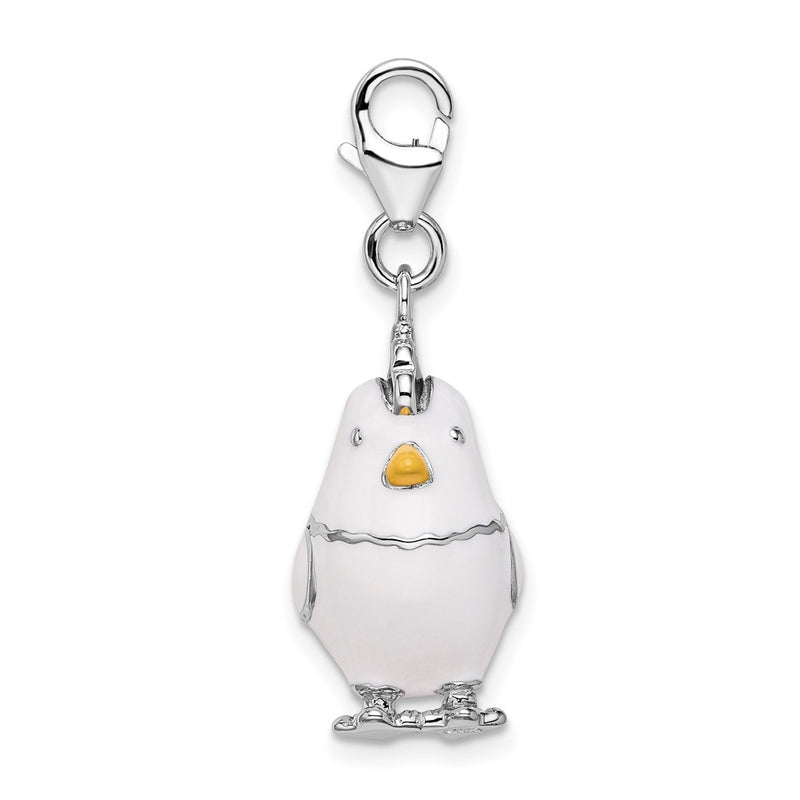 Sterling Silver Amore La Vita Rhodium-Plated Polished 3-D Enameled Chicken Charm With Fancy Lobster Clasp