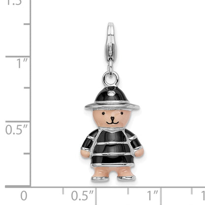 Sterling Silver Amore La Vita Rhodium-Plated Polished 3-D Enameled Teddy Bear In Black Hat And Coat Charm With Fancy Lobster Clasp