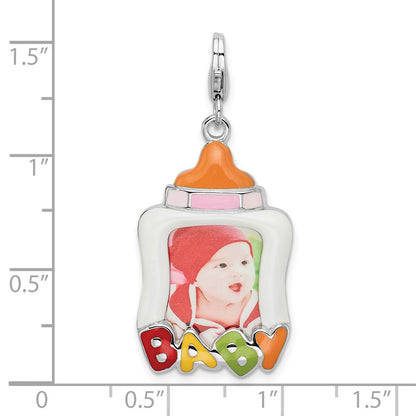 Sterling Silver Amore La Vita Rhodium-Plated Polished Enameled Baby Picture Frame Charm With Fancy Lobster Clasp