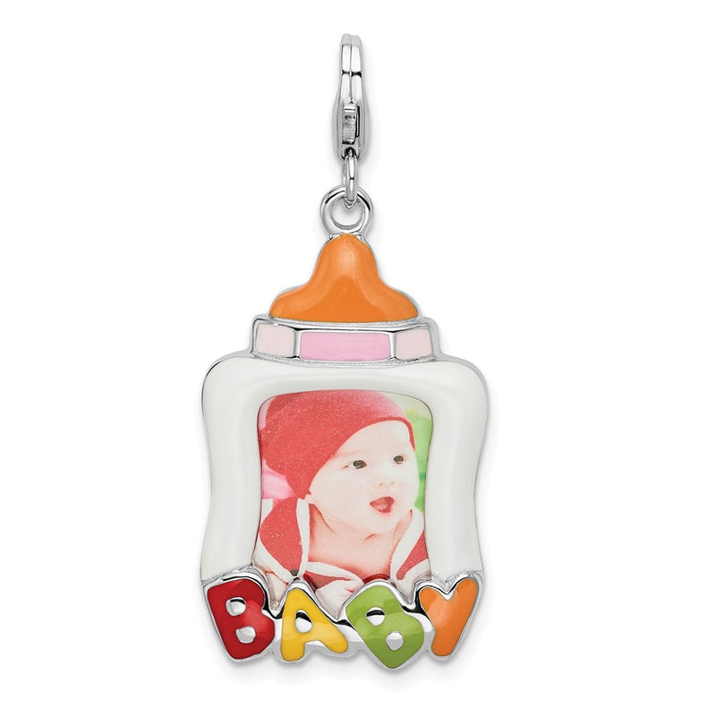Sterling Silver Amore La Vita Rhodium-Plated Polished Enameled Baby Picture Frame Charm With Fancy Lobster Clasp