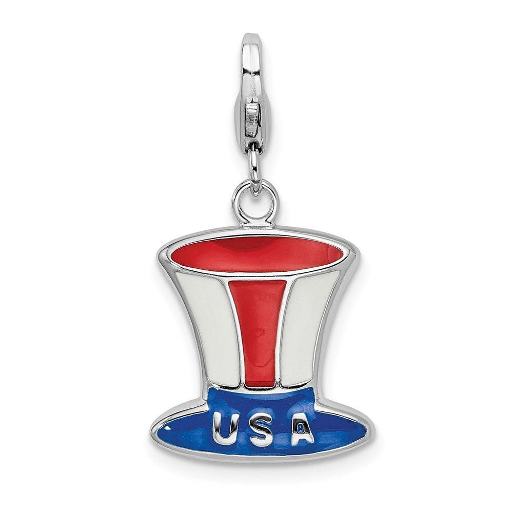 Sterling Silver Amore La Vita Rhodium-Plated Polished Enameled Usa Hat Charm With Fancy Lobster Clasp
