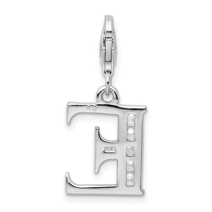Sterling Silver Amore La Vita Rhodium-Plated Polished Cz Letter E Initial Charm With Fancy Lobster Clasp
