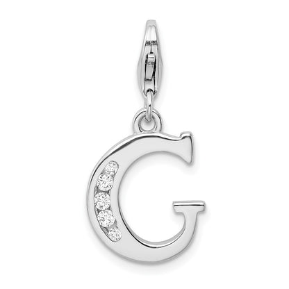 Sterling Silver Amore La Vita Rhodium-Plated Polished Cz Letter G Initial Charm With Fancy Lobster Clasp