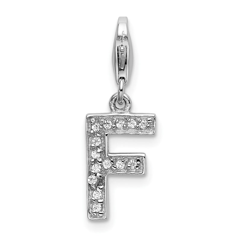 Sterling Silver Amore La Vita Rhodium-Plated Polished Cz Letter F Initial Charm With Fancy Lobster Clasp