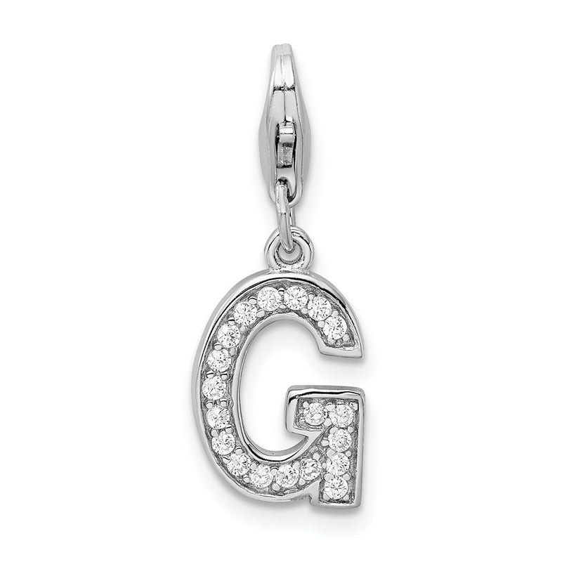 Sterling Silver Amore La Vita Rhodium-Plated Polished Cz Letter G Initial Charm With Fancy Lobster Clasp