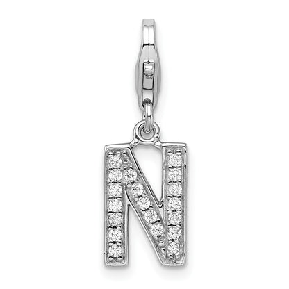 Sterling Silver Amore La Vita Rhodium-Plated Polished Cz Letter N Initial Charm With Fancy Lobster Clasp