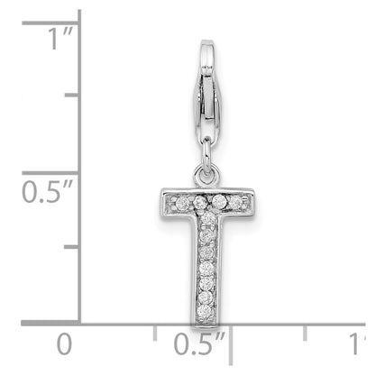 Sterling Silver Amore La Vita Rhodium-Plated Polished Cz Letter T Initial Charm With Fancy Lobster Clasp