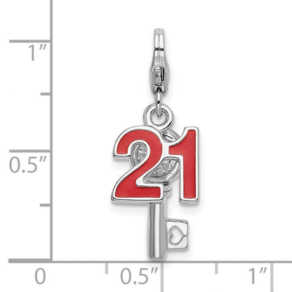 Sterling Silver Rh 3-D Enameled 21 And Key W/Lobster Clasp Charm