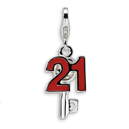 Sterling Silver Rh 3-D Enameled 21 And Key W/Lobster Clasp Charm