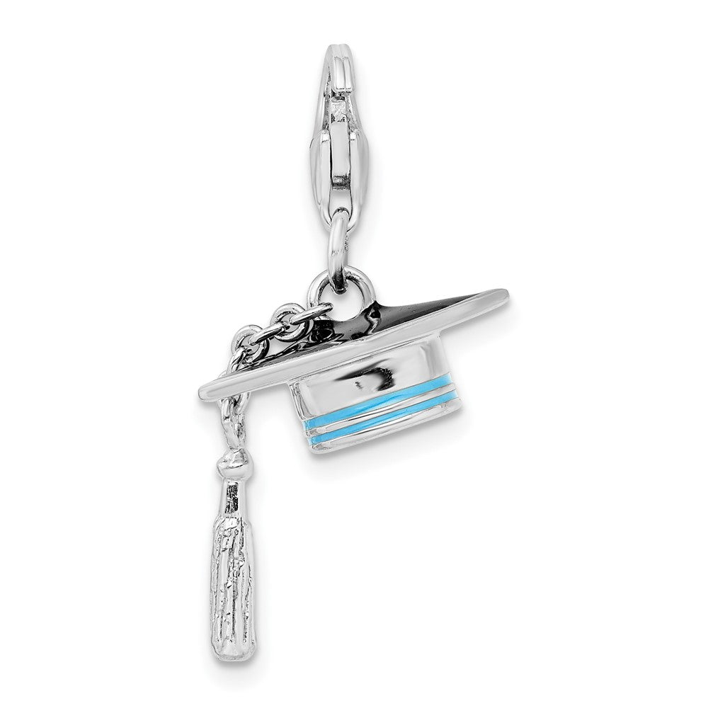 Sterling Silver Amore La Vita Rhodium-Plated Polished 3-D Moveable Blue Enameled Graduation Cap Charm With Fancy Lobster Clasp