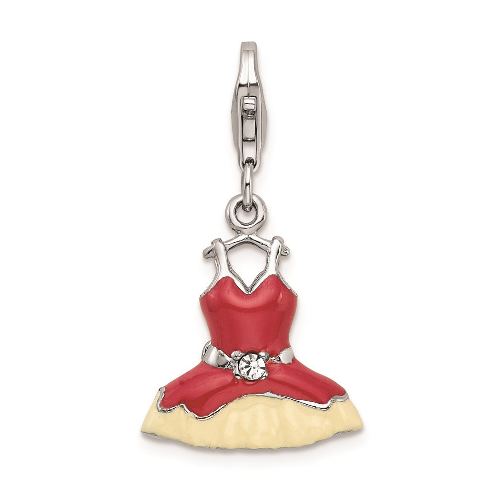 Sterling Silver Rh Pink Enameled Crystal Dress Charm