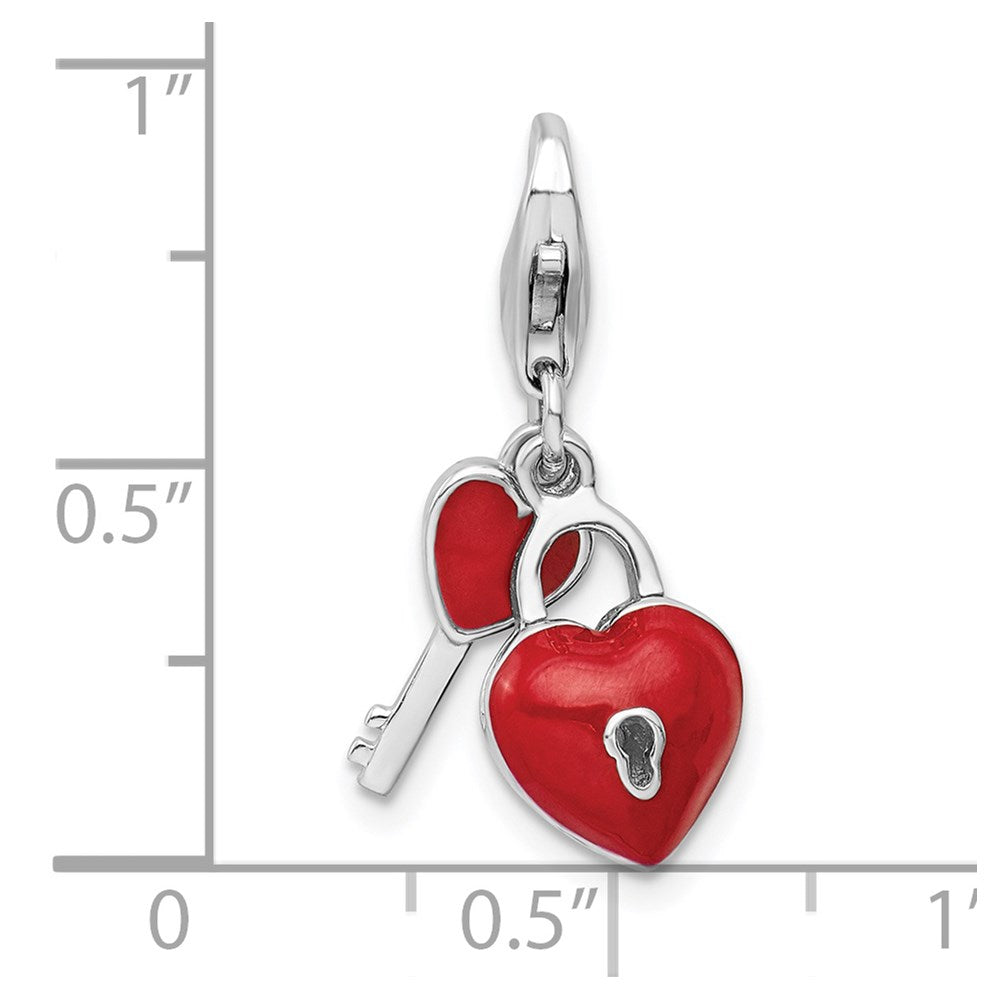 Sterling Silver Amore La Vita Rhodium-plated Polished 3-D Enameled Heart And Key Charm with Fancy Lobster Clasp